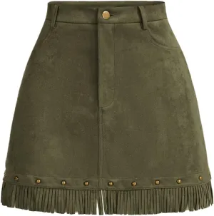 WDIRARA Women's Faux Suede Fringe Skirt High Waisted Tassel Western Mini Skirts