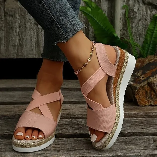 Wedge Sandals For Women Summer Dressy Flat,Ankle Strap Wedge Heels Espadrilles Open Toe Sandals,Orthopedic Sandals For Women,Summer Flat Wedge Heel Fish Mouth Casual Women'S Sandals