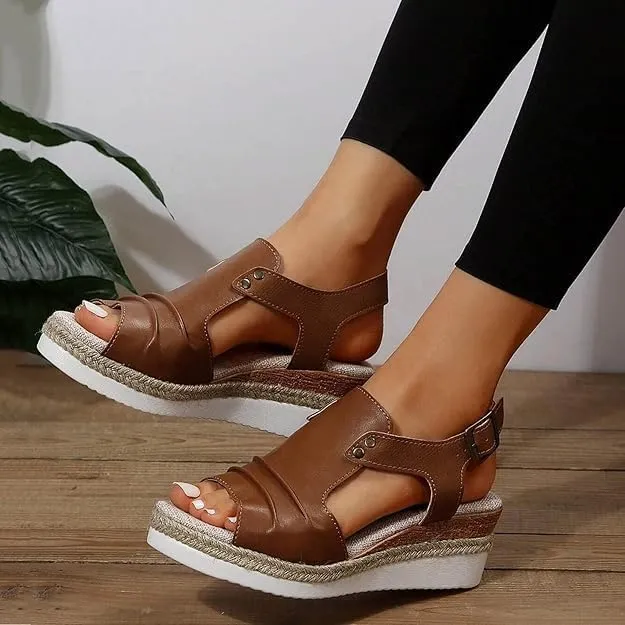Wedge Sandals For Women Summer Dressy Flat,Ankle Strap Wedge Heels Espadrilles Open Toe Sandals,Orthopedic Sandals For Women,Summer Flat Wedge Heel Fish Mouth Casual Women'S Sandals