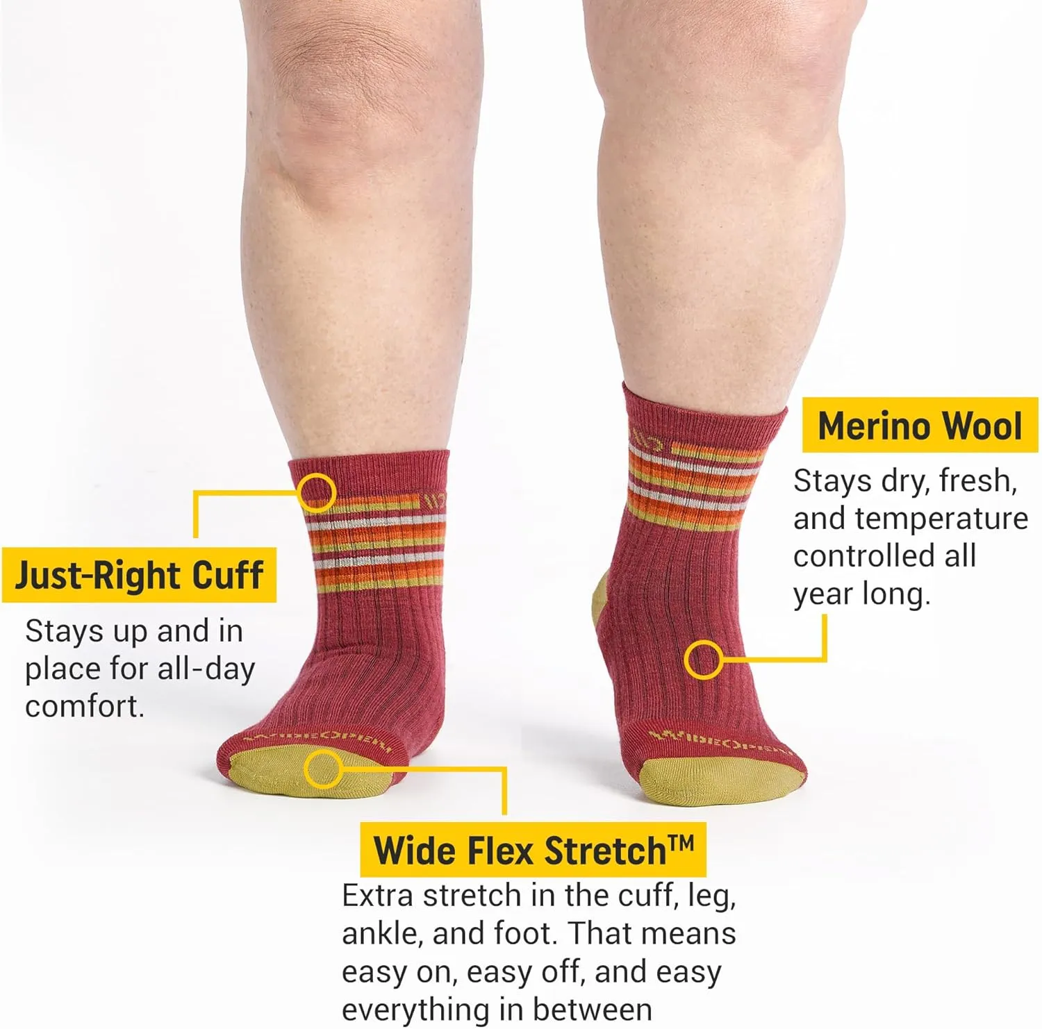 Wide Open Micro Crew Women's Merino Wool Socks - Multi Stripe Everyday Wide Ankle Socks for Wide Feet