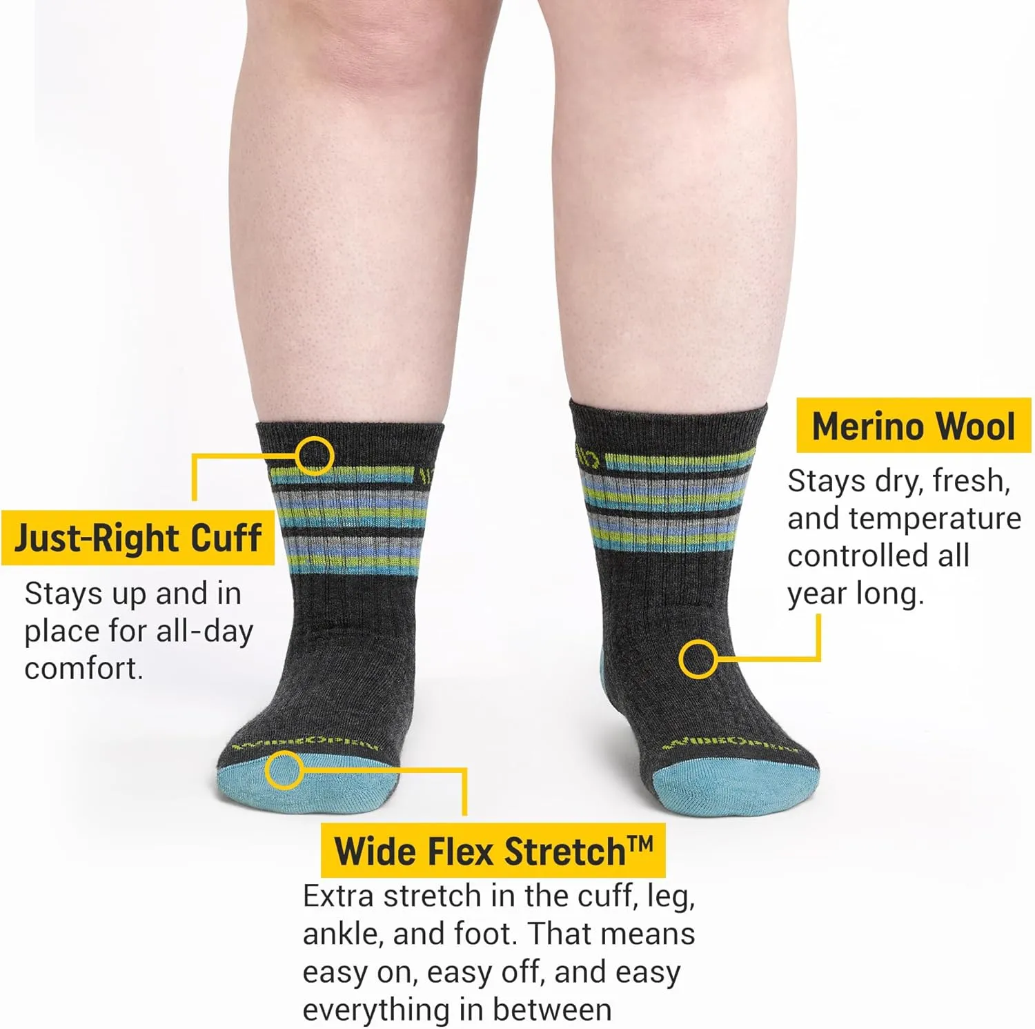 Wide Open Micro Crew Women's Merino Wool Socks - Multi Stripe Everyday Wide Ankle Socks for Wide Feet