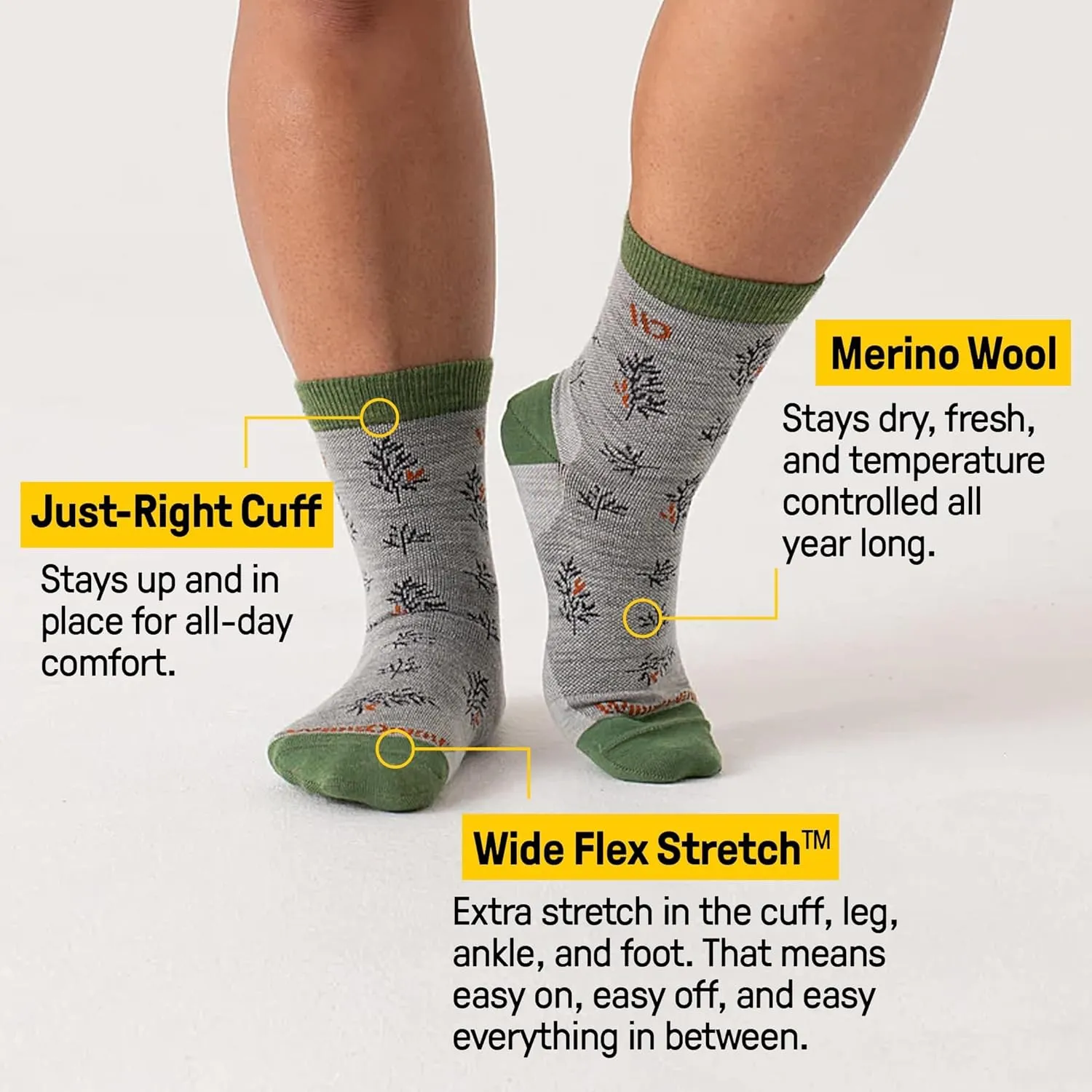 Wide Open Micro Crew Women's Socks - Merino Wool, Lightweight Foliage Everyday Socks