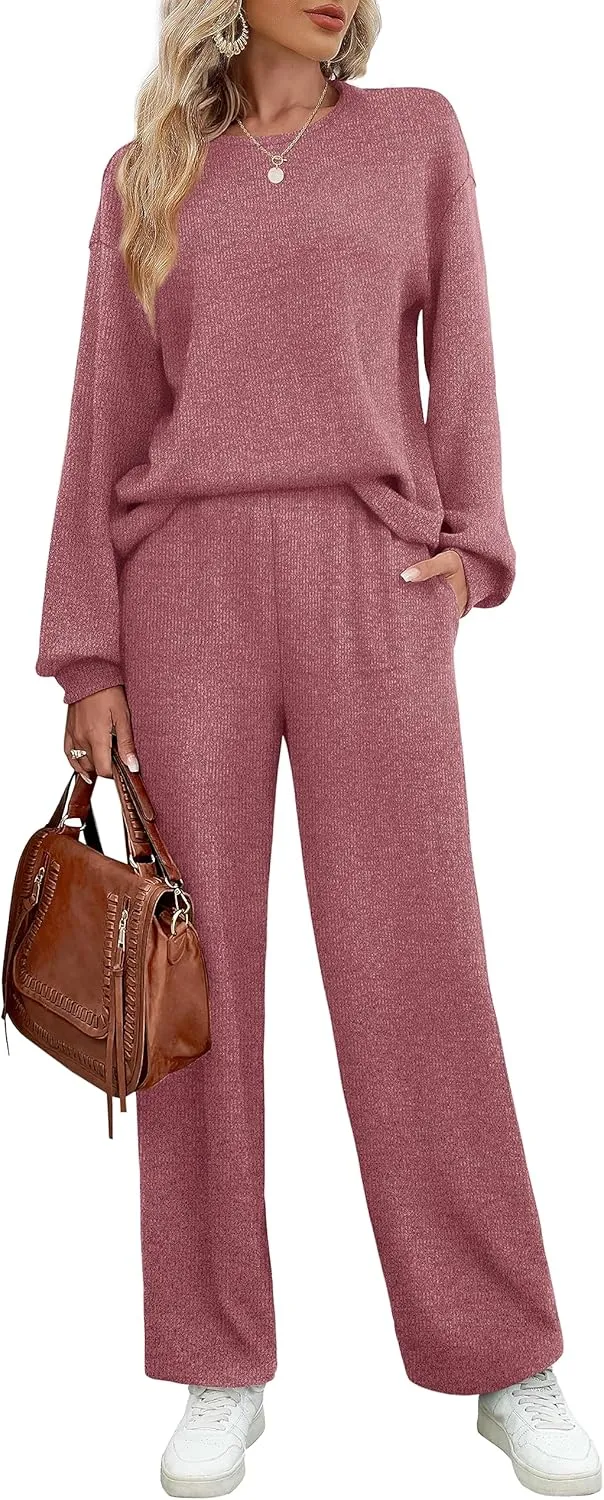 WIHOLL Womens Sweatsuits Sets Long Sleeve Crewneck Top Wide Leg Pants Two Piece Outfits