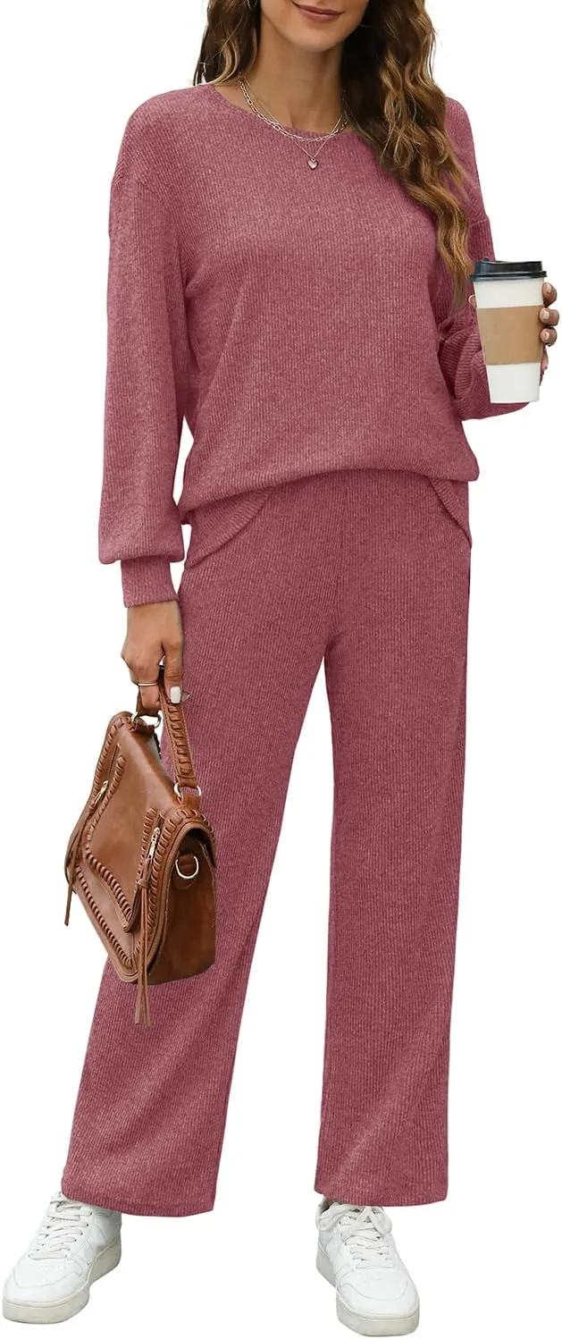 WIHOLL Womens Sweatsuits Sets Long Sleeve Crewneck Top Wide Leg Pants Two Piece Outfits