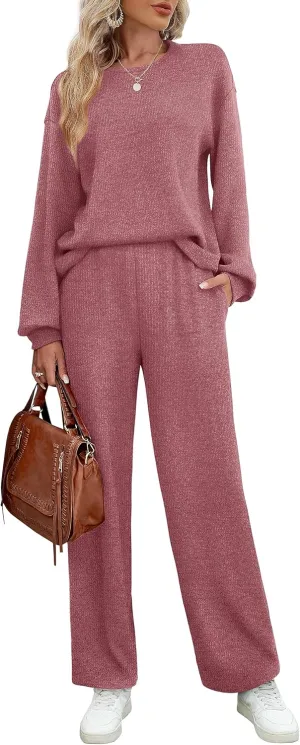 WIHOLL Womens Sweatsuits Sets Long Sleeve Crewneck Top Wide Leg Pants Two Piece Outfits