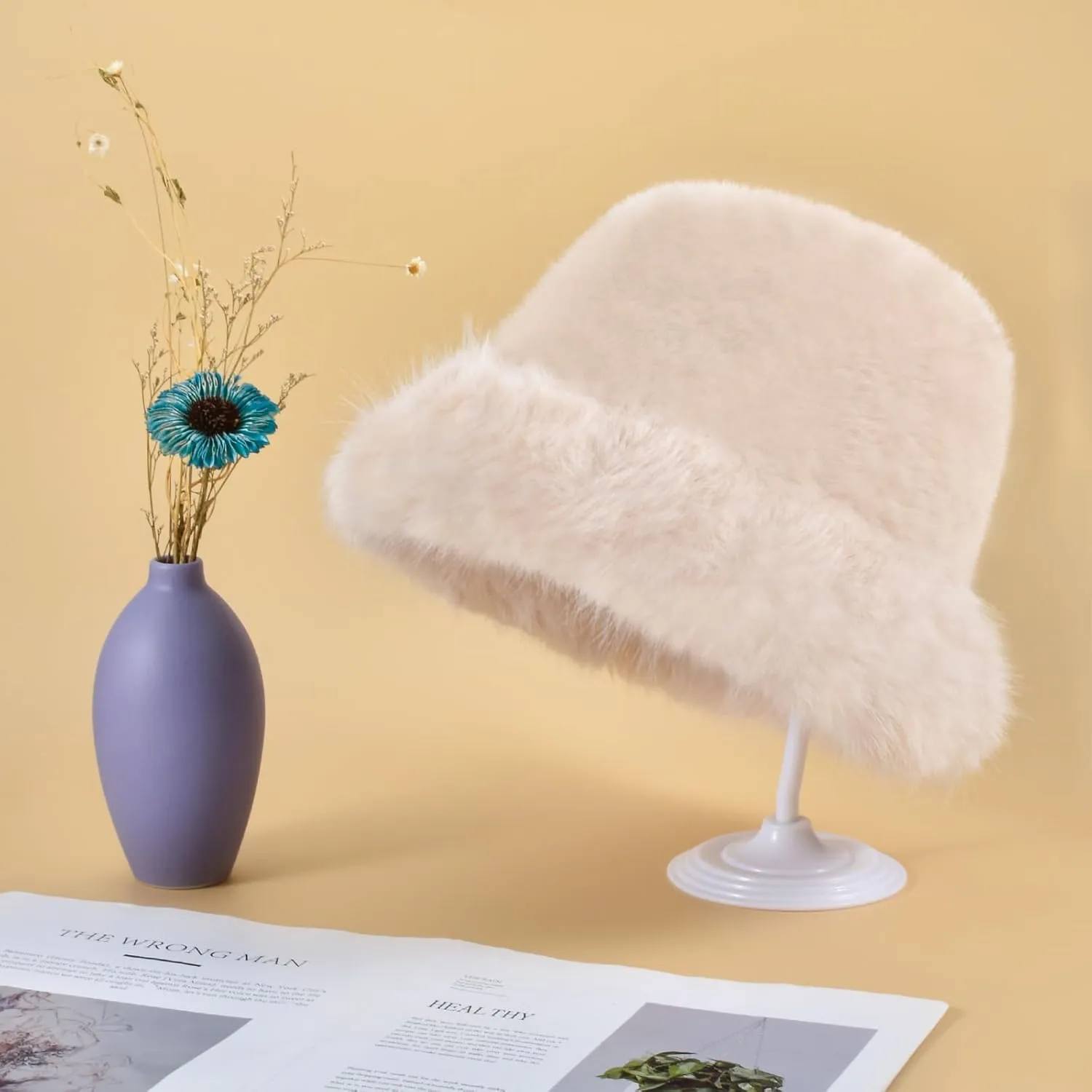 Winter Soft Faux Fur Plush Bucket Hat, Lovely Fuzzy Fisherman Cap, Fashion Outdoor Thick Warm Sun Cap for Women