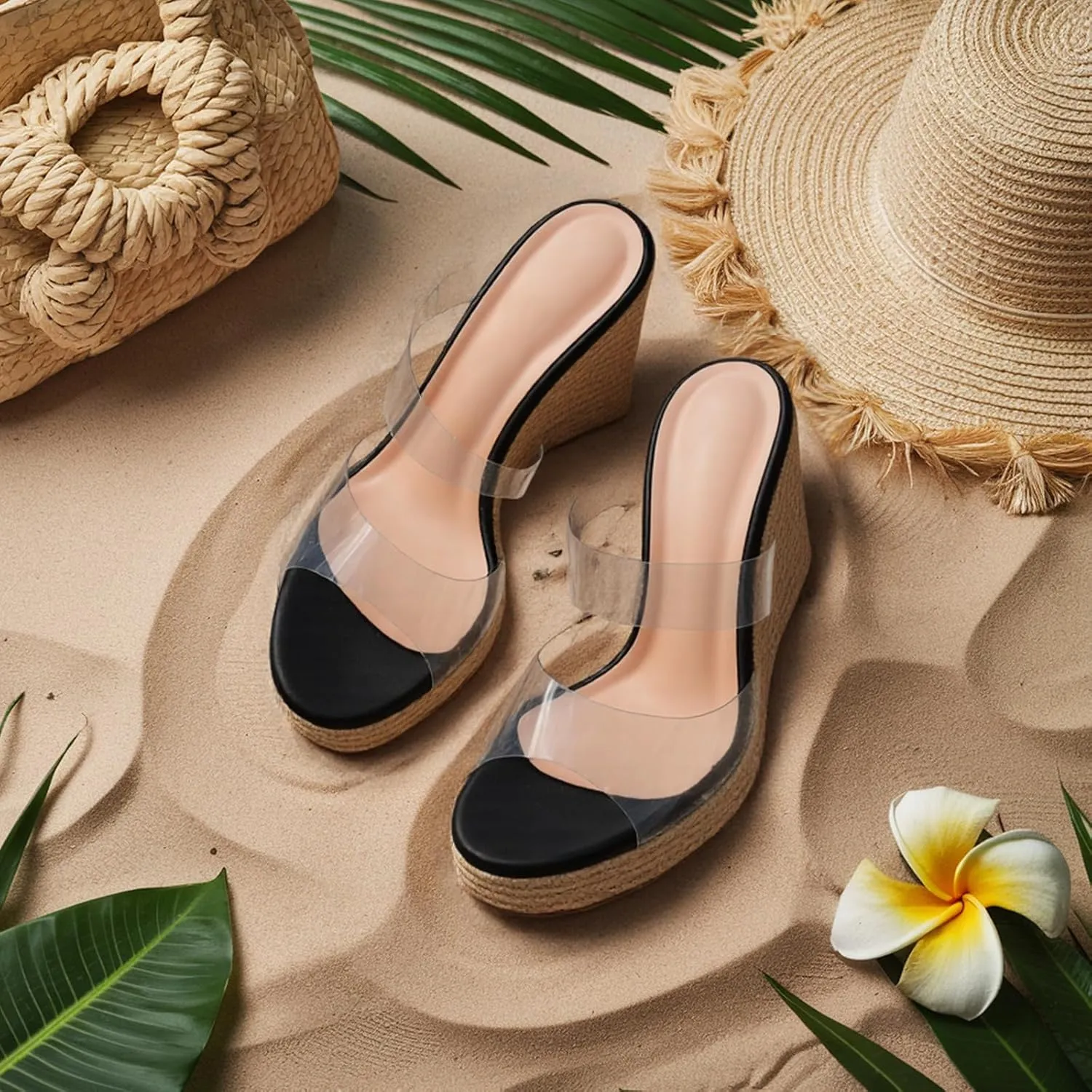WIRALOMI Women Clear Wedge Heel Sandals Slip On Espadrilles Platform Sandals Slide Summer Beach Crystal Mules Sandals