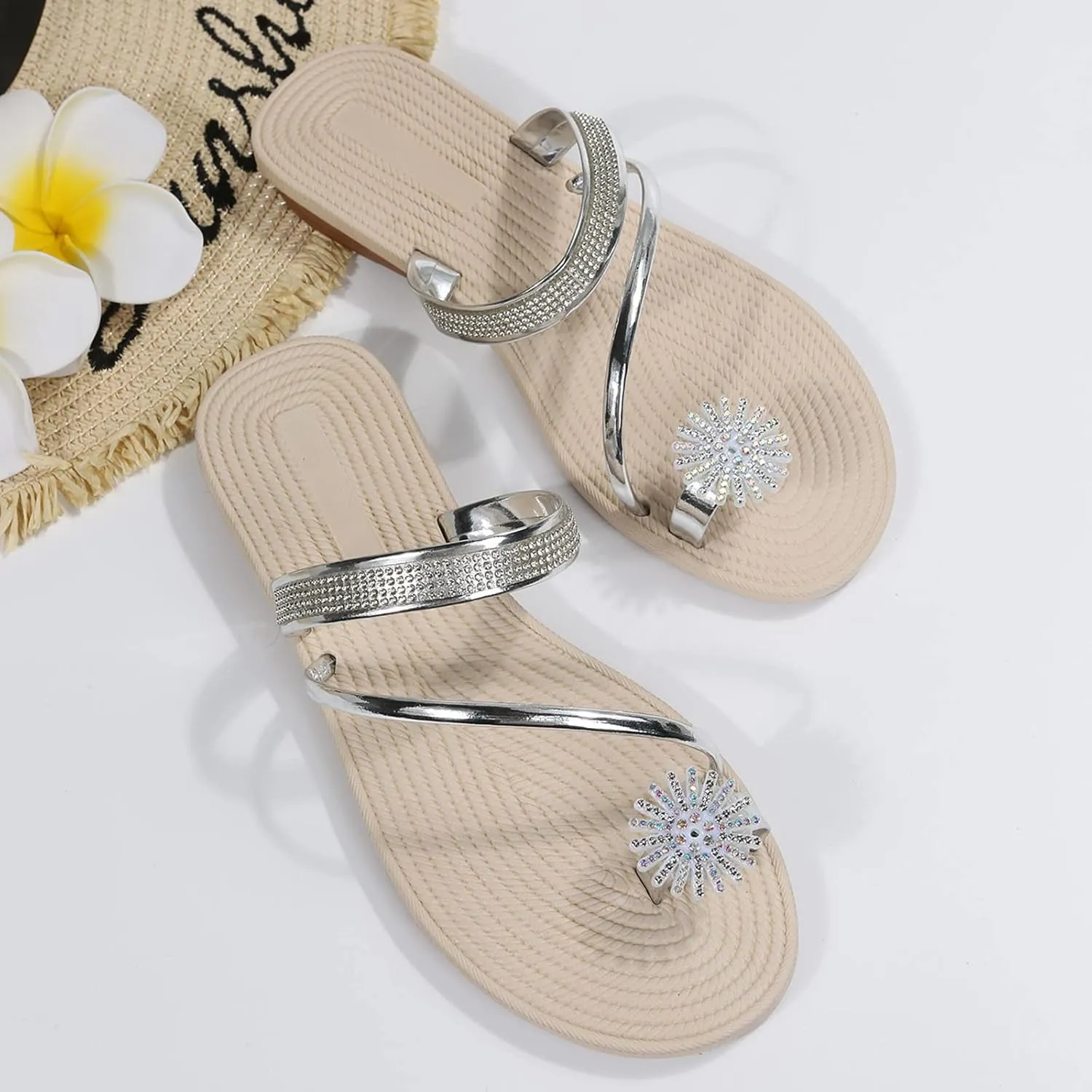 Women Flat Sandals Falt Flip Flops Elastic Band One toe Slide Pearl Slip On toe Ring toe Loop Women Summer Sandals