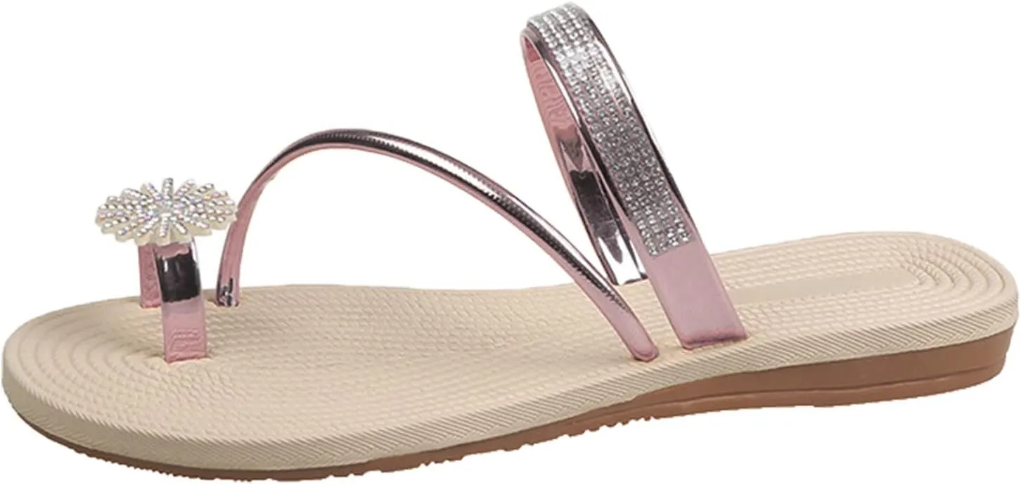 Women Flat Sandals Falt Flip Flops Elastic Band One toe Slide Pearl Slip On toe Ring toe Loop Women Summer Sandals