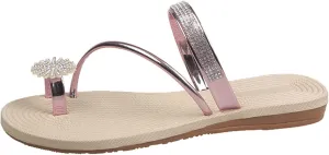 Women Flat Sandals Falt Flip Flops Elastic Band One toe Slide Pearl Slip On toe Ring toe Loop Women Summer Sandals