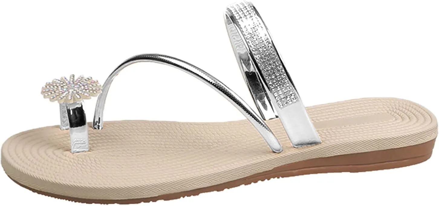 Women Flat Sandals Falt Flip Flops Elastic Band One toe Slide Pearl Slip On toe Ring toe Loop Women Summer Sandals