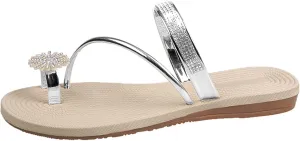 Women Flat Sandals Falt Flip Flops Elastic Band One toe Slide Pearl Slip On toe Ring toe Loop Women Summer Sandals