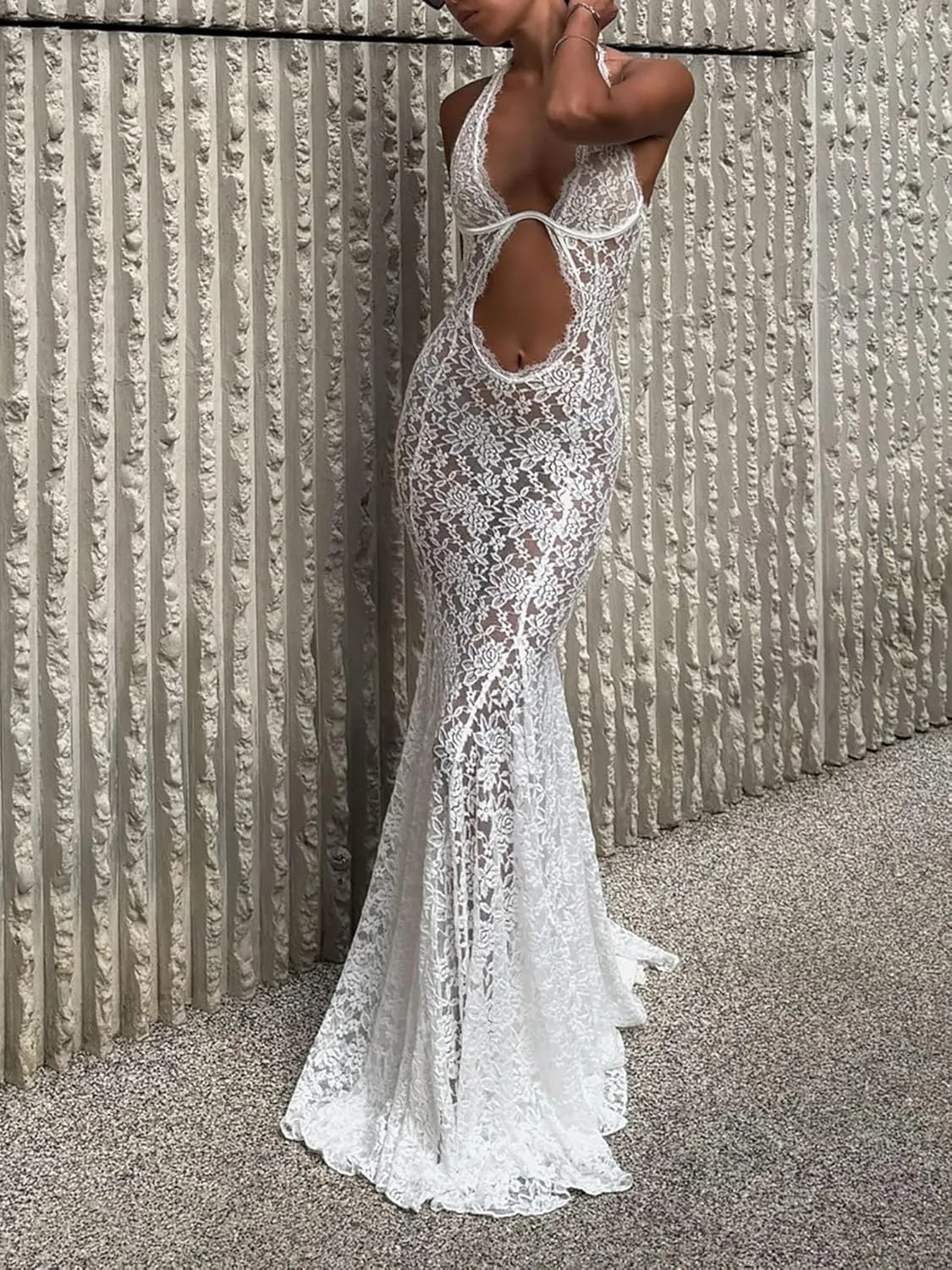 Women Sexy Mesh See Through Floral Lace Dress Backless Lace Up Long Maxi Dress Beach Party Wear