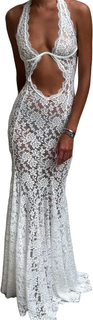 Women Sexy Mesh See Through Floral Lace Dress Backless Lace Up Long Maxi Dress Beach Party Wear