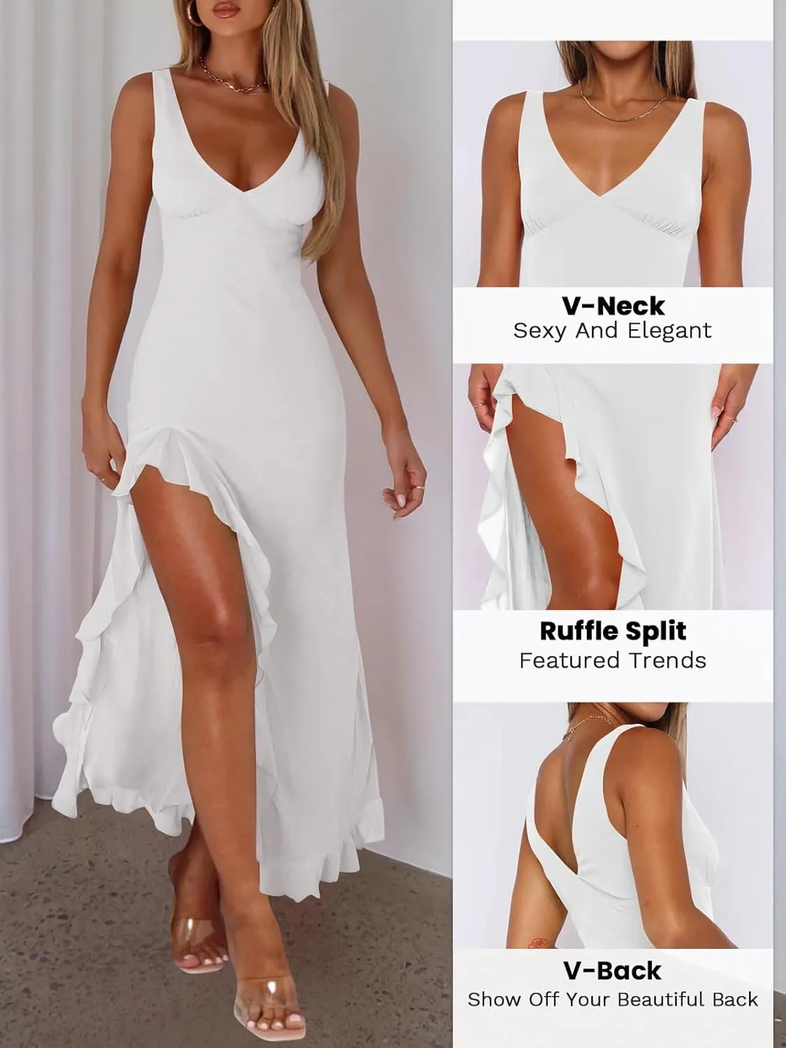 Women Sexy V Neck Sleeveless Mesh Ruffle Hem Bodycon Maxi Casual Backless High Slit Cocktail Party Dress