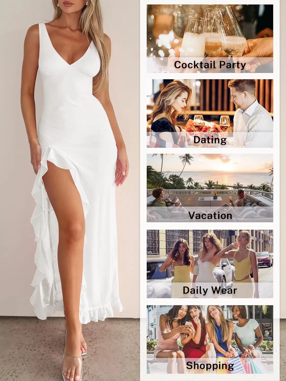 Women Sexy V Neck Sleeveless Mesh Ruffle Hem Bodycon Maxi Casual Backless High Slit Cocktail Party Dress