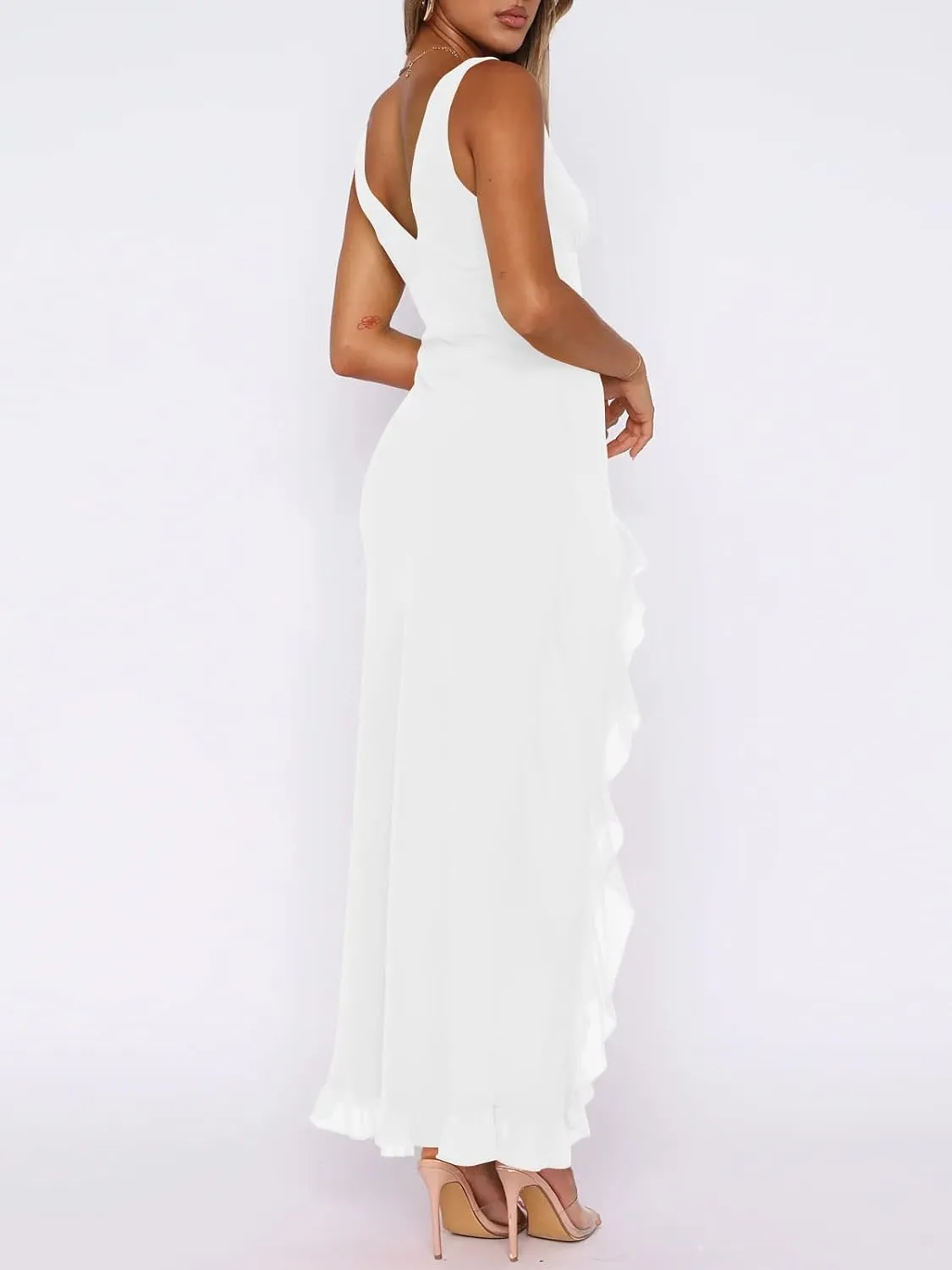 Women Sexy V Neck Sleeveless Mesh Ruffle Hem Bodycon Maxi Casual Backless High Slit Cocktail Party Dress