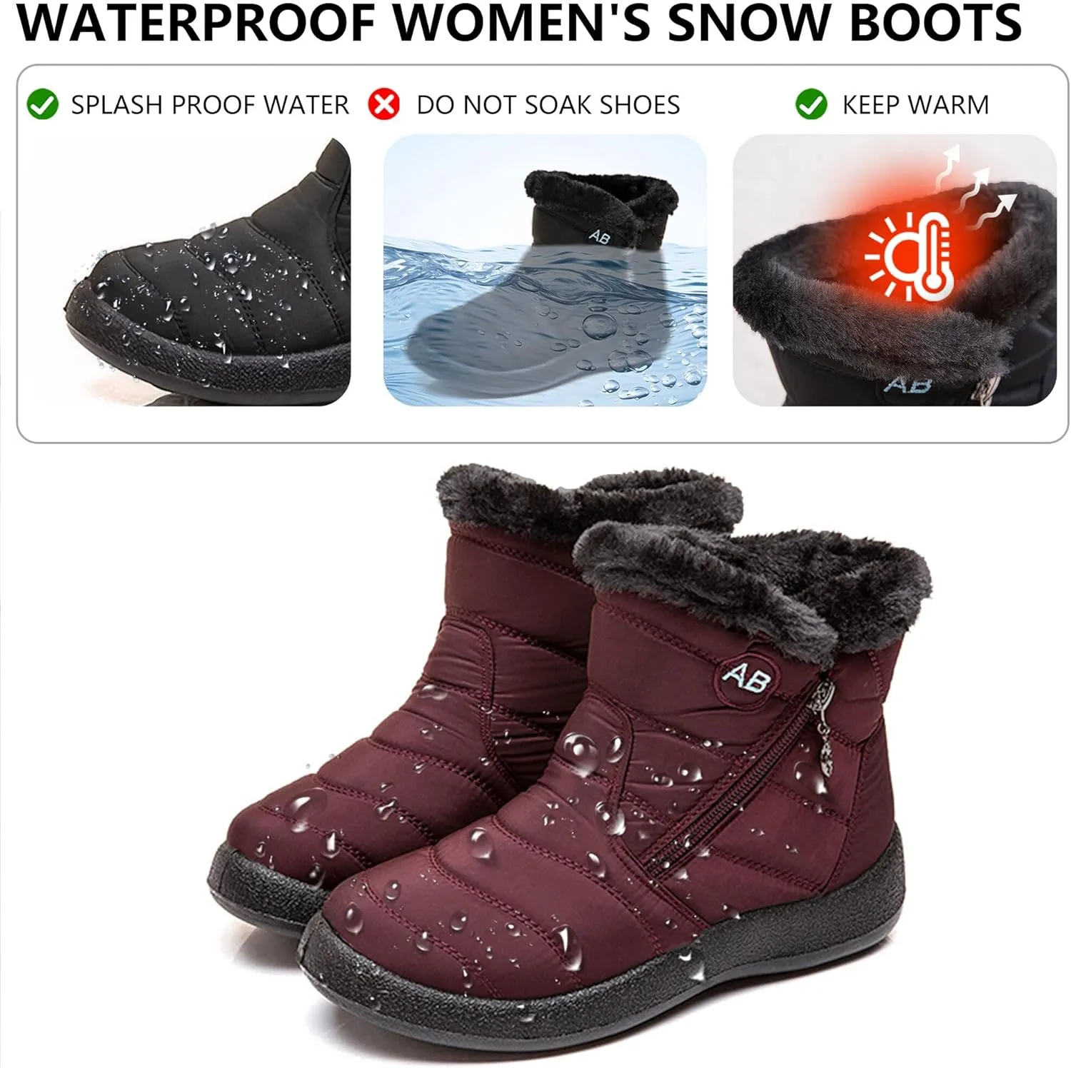 Women Snow Boots Side Zipper Keep Warm Comfortable Waterproof Casual Ankle Shoes