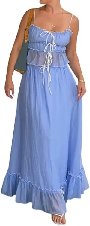 Women Y2K 2 Piece Skirt Set Spaghetti Strap Cropped Cami Ruffle Tiered Flowy Maxi Skirt Vacation Beach Outfits
