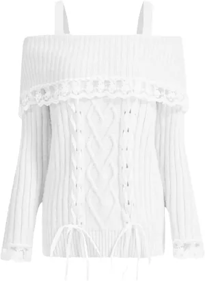 Women Y2k Cold Shoulder Knit Sweater Top Long Sleeve Lace Trim Knitted Pullover Sweaters Bow Cardigan Streetwear
