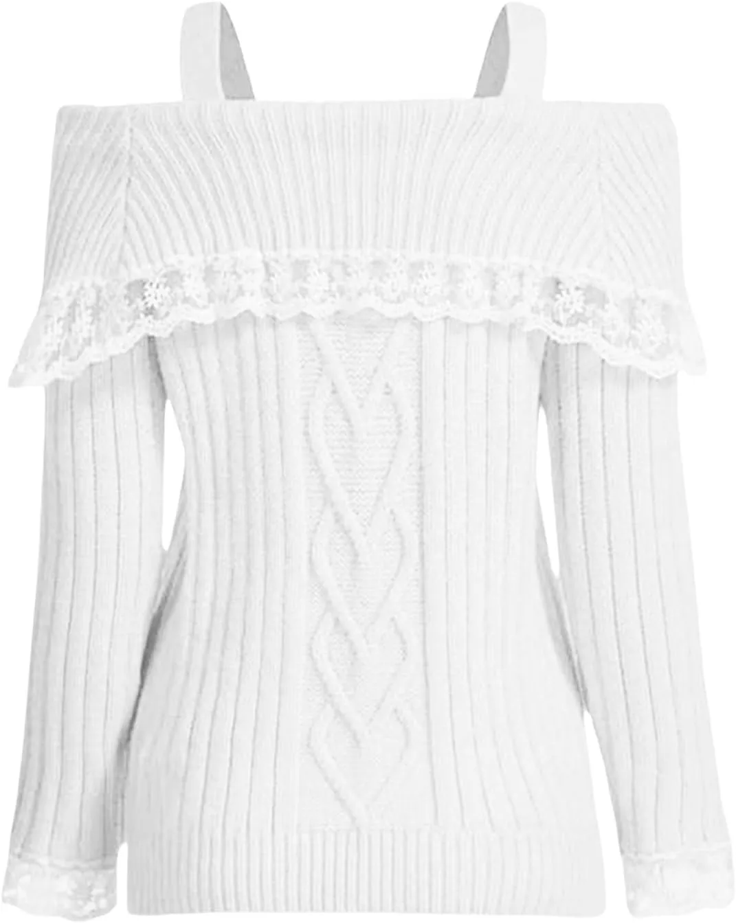 Women Y2k Cold Shoulder Knit Sweater Top Long Sleeve Lace Trim Knitted Pullover Sweaters Bow Cardigan Streetwear