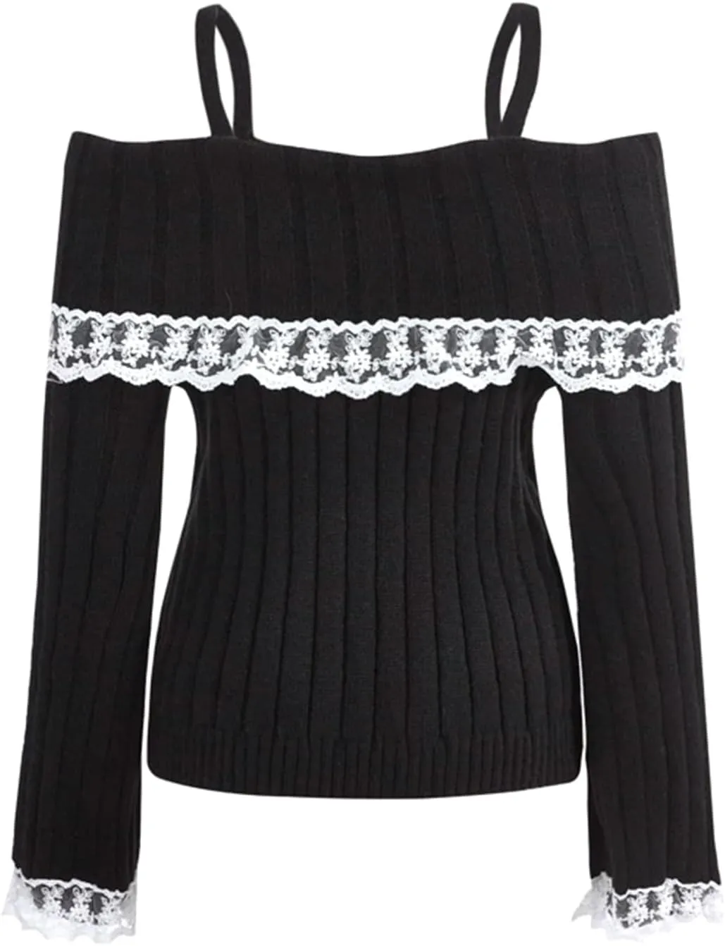 Women Y2k Cold Shoulder Knit Sweater Top Long Sleeve Lace Trim Knitted Pullover Sweaters Bow Cardigan Streetwear