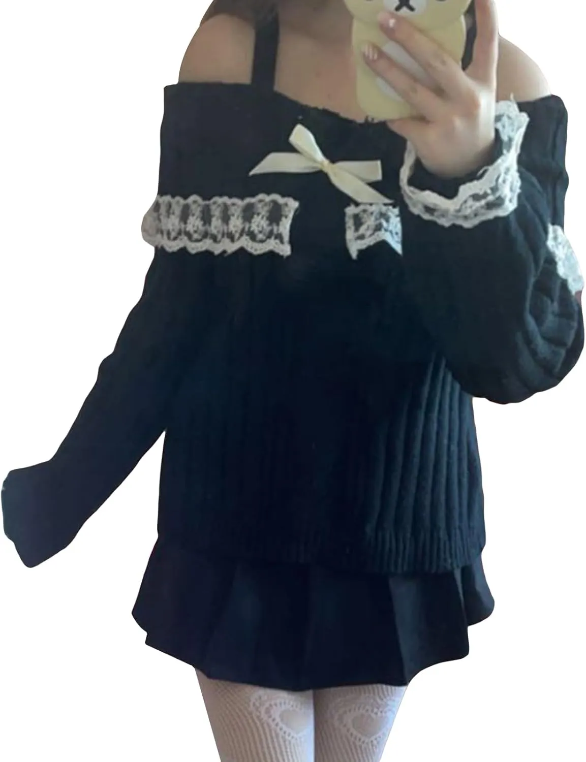 Women Y2k Cold Shoulder Knit Sweater Top Long Sleeve Lace Trim Knitted Pullover Sweaters Bow Cardigan Streetwear