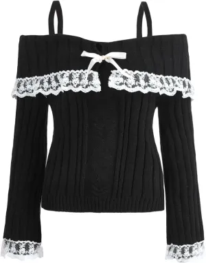 Women Y2k Cold Shoulder Knit Sweater Top Long Sleeve Lace Trim Knitted Pullover Sweaters Bow Cardigan Streetwear