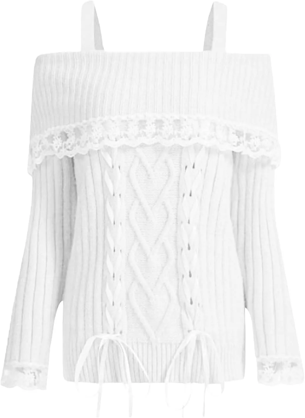 Women Y2k Cold Shoulder Knit Sweater Top Long Sleeve Lace Trim Knitted Pullover Sweaters Bow Cardigan Streetwear