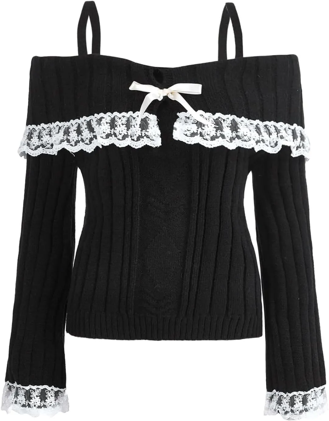 Women Y2k Cold Shoulder Knit Sweater Top Long Sleeve Lace Trim Knitted Pullover Sweaters Bow Cardigan Streetwear