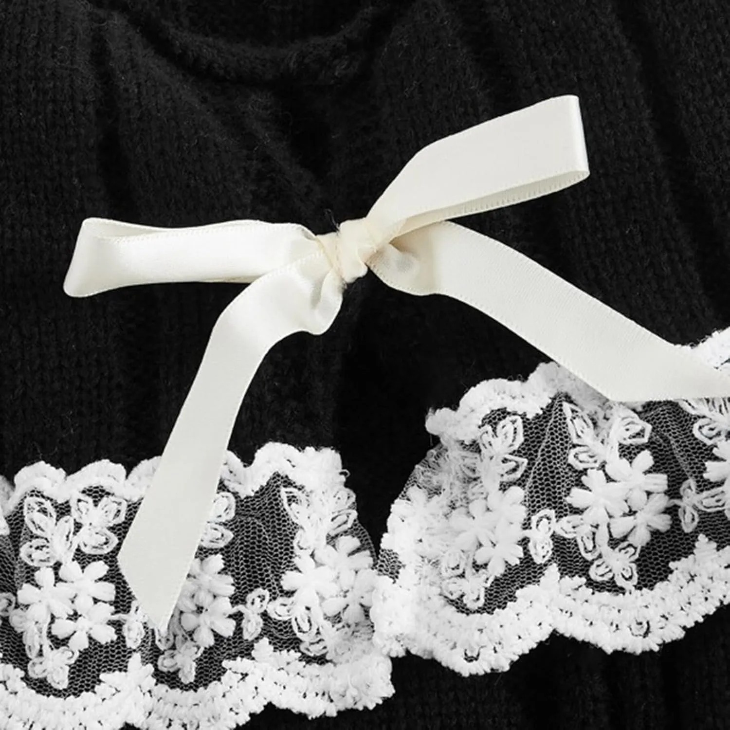 Women Y2k Cold Shoulder Knit Sweater Top Long Sleeve Lace Trim Knitted Pullover Sweaters Bow Cardigan Streetwear