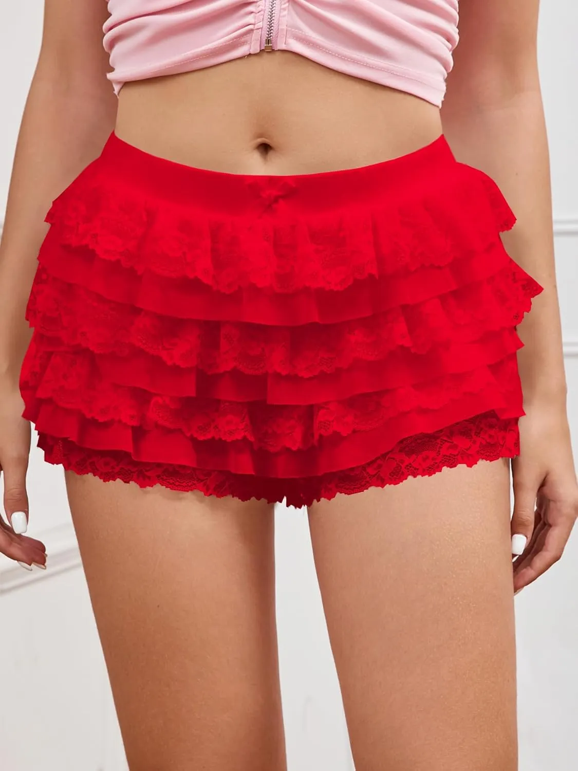 Women Y2K Lace Multi-Layered Bloomers, Lolita Ruffle Shorts, Sexy Short Pumpkin Pants, Elastic Waist Sweet Pettipants