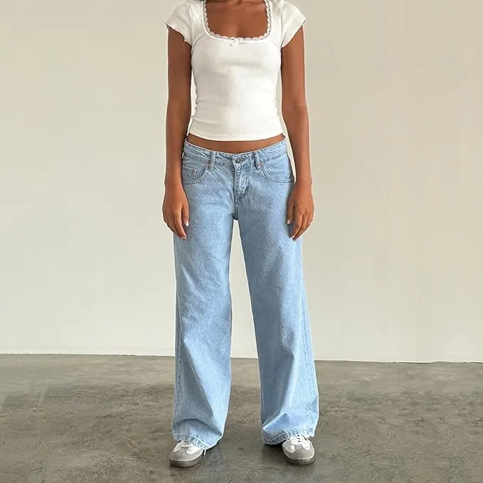 Women Y2K Low Rise Baggy Jeans Loose Fit Boyfriend Straight Wide Leg Denim Pants Streetwear Trousers Fall Outfits