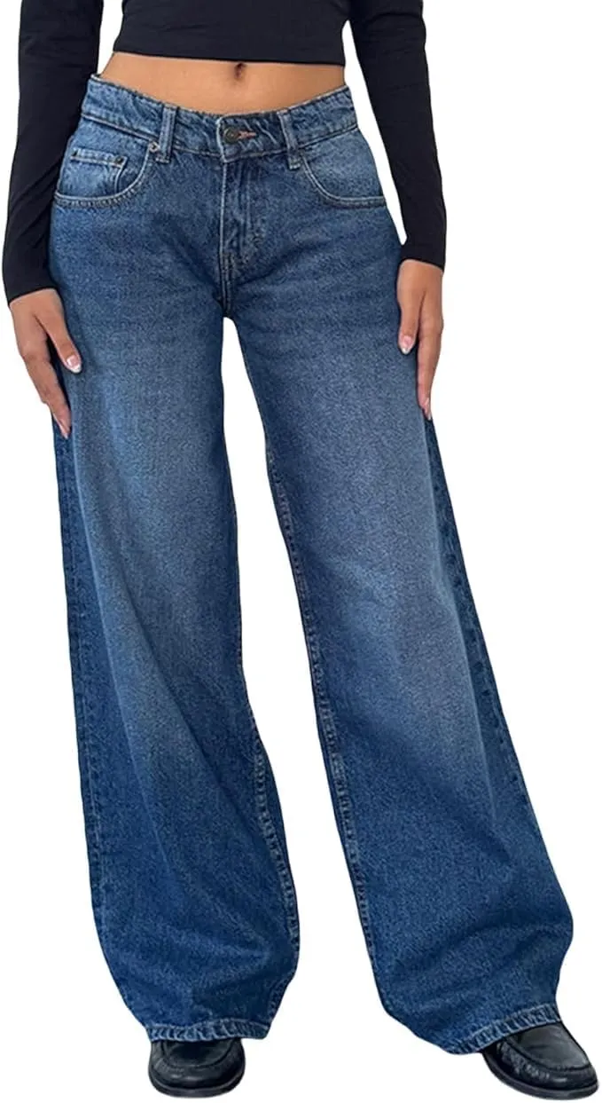 Women Y2K Low Rise Baggy Jeans Loose Fit Boyfriend Straight Wide Leg Denim Pants Streetwear Trousers Fall Outfits