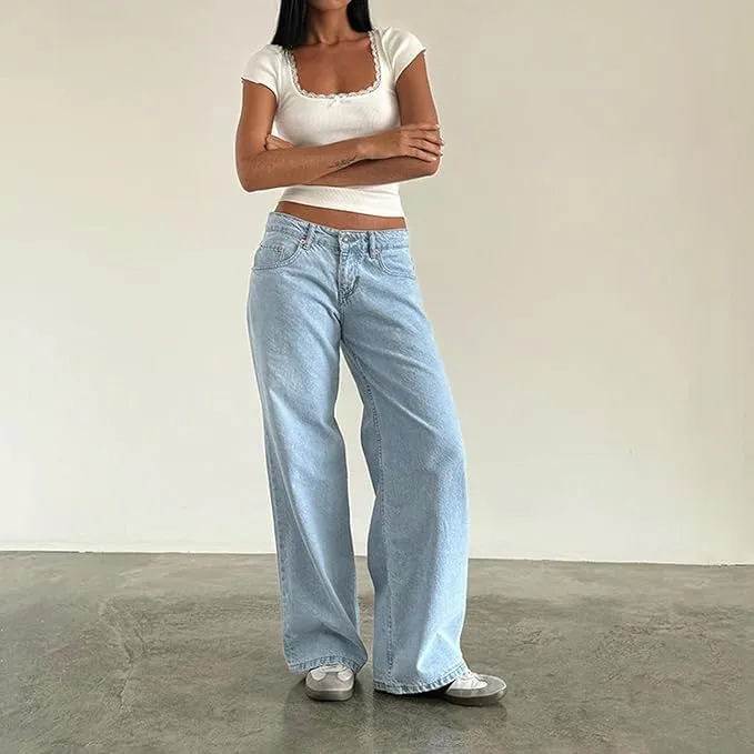 Women Y2K Low Rise Baggy Jeans Loose Fit Boyfriend Straight Wide Leg Denim Pants Streetwear Trousers Fall Outfits