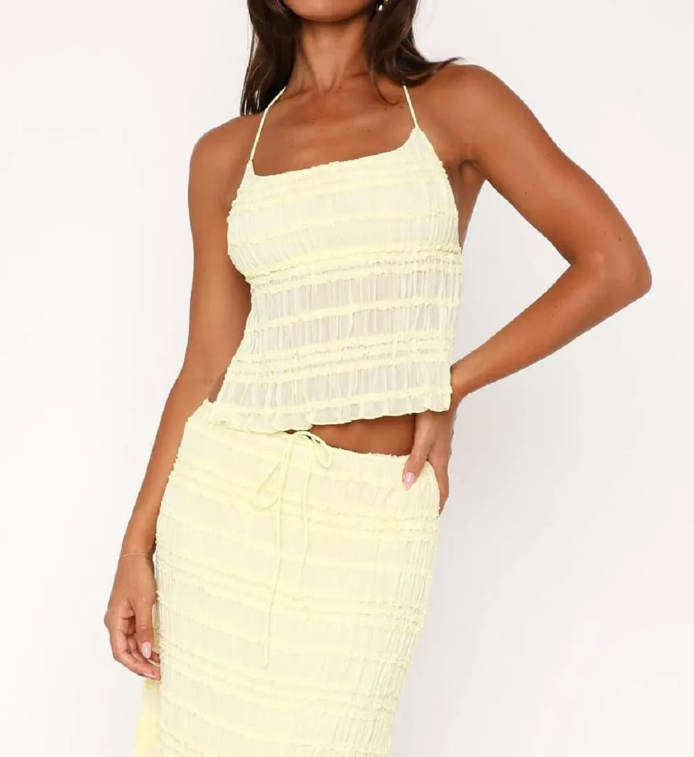 Women Y2K Ruffle 2 Piece Skirt Set Spaghetti Strap Ruched Cami Top Tiered Flowy Long Skirt Boho Beach Outfits