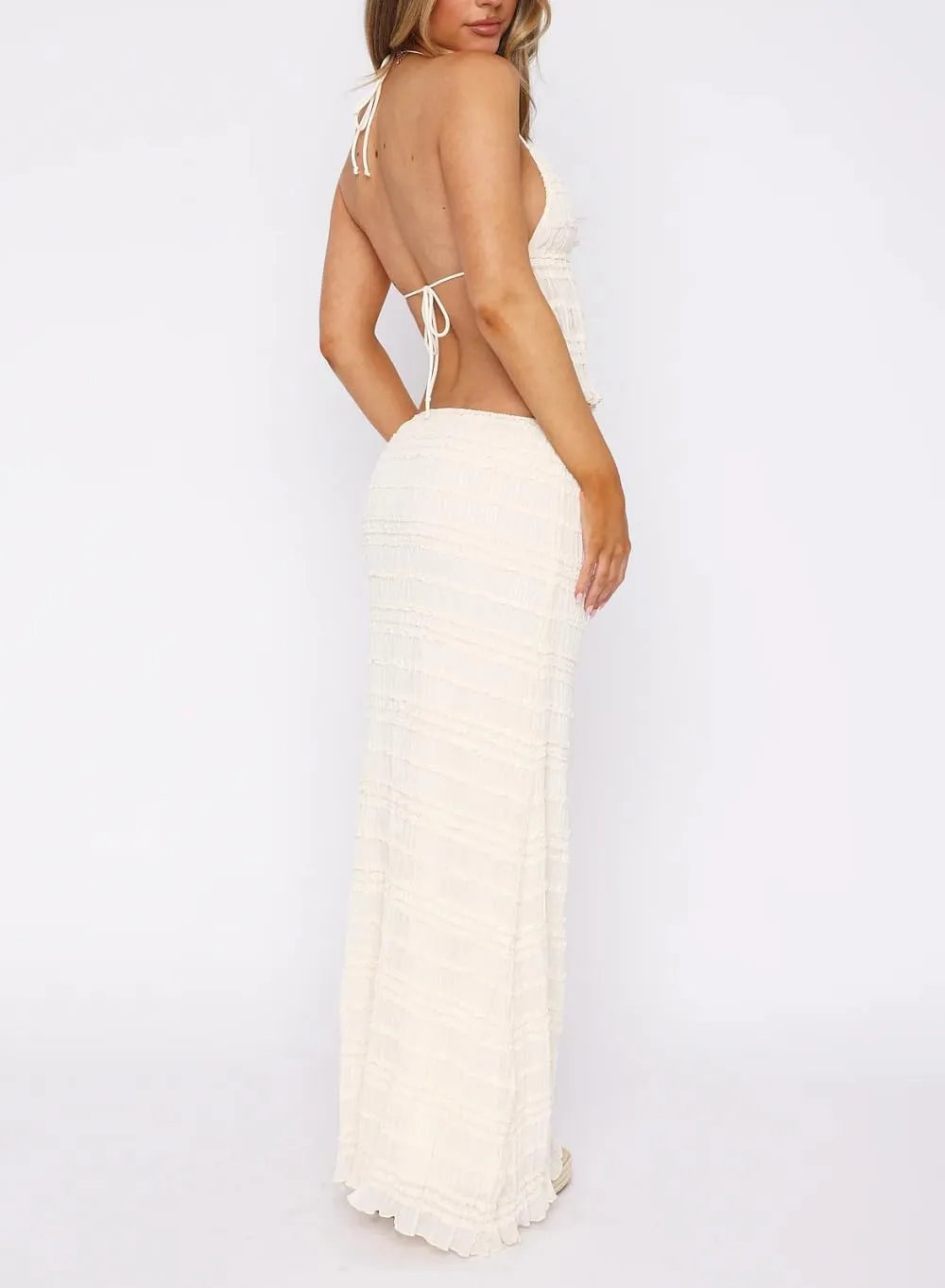 Women Y2K Ruffle 2 Piece Skirt Set Spaghetti Strap Ruched Cami Top Tiered Flowy Long Skirt Boho Beach Outfits
