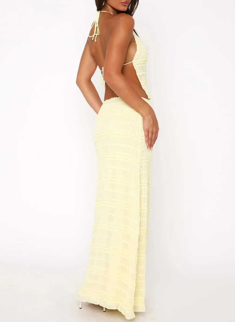 Women Y2K Ruffle 2 Piece Skirt Set Spaghetti Strap Ruched Cami Top Tiered Flowy Long Skirt Boho Beach Outfits