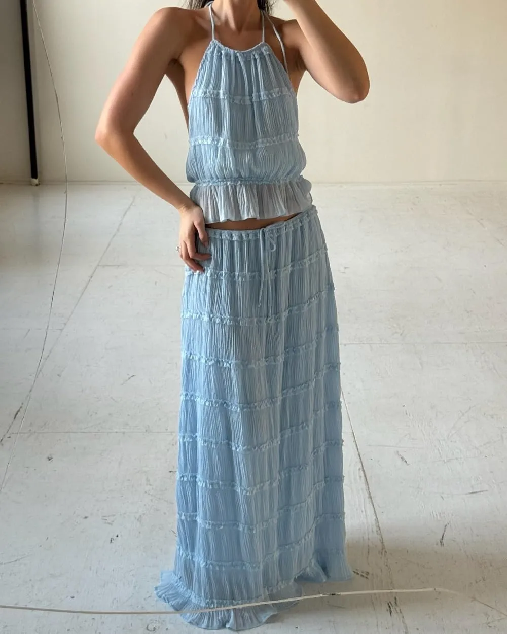 Women Y2K Ruffle 2 Piece Skirt Set Tie Back Halter Cami Top Tiered Flowy Long Skirt Boho Ruched Beach Outfits