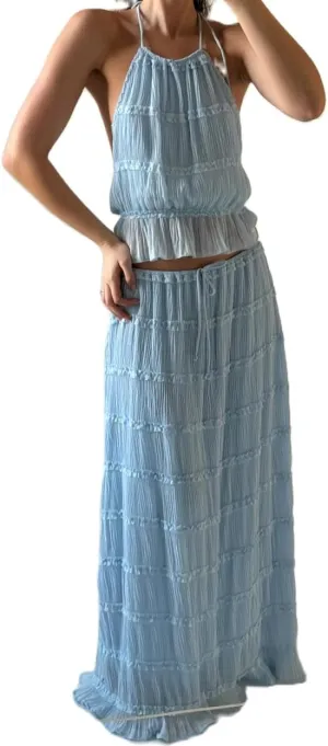 Women Y2K Ruffle 2 Piece Skirt Set Tie Back Halter Cami Top Tiered Flowy Long Skirt Boho Ruched Beach Outfits