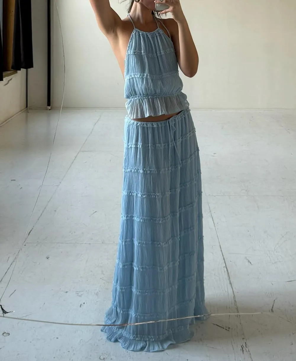 Women Y2K Ruffle 2 Piece Skirt Set Tie Back Halter Cami Top Tiered Flowy Long Skirt Boho Ruched Beach Outfits