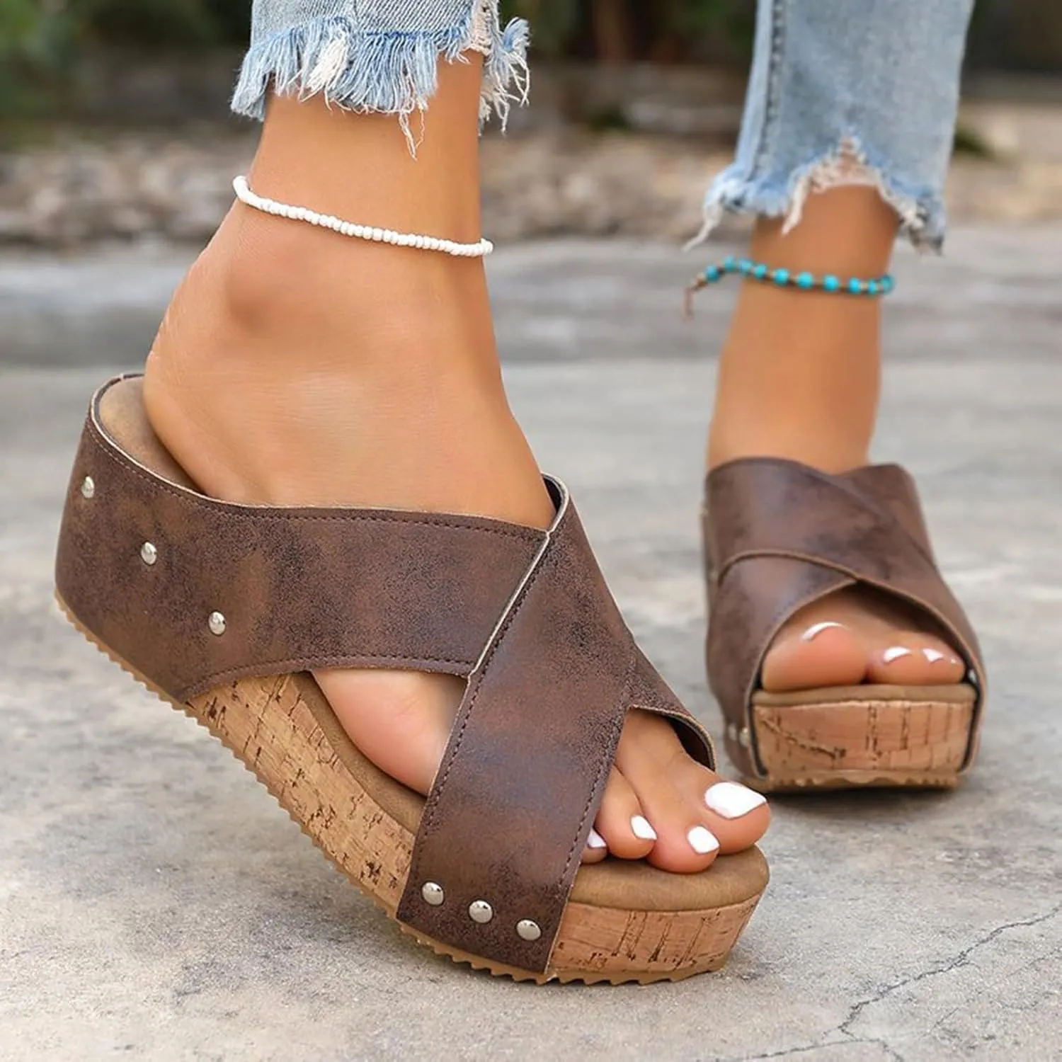 Women'S 2025 Summer Sandals Arch Support Wedge & Platform Heels, Beach Resort Dressy Or Casual Walking Shoes