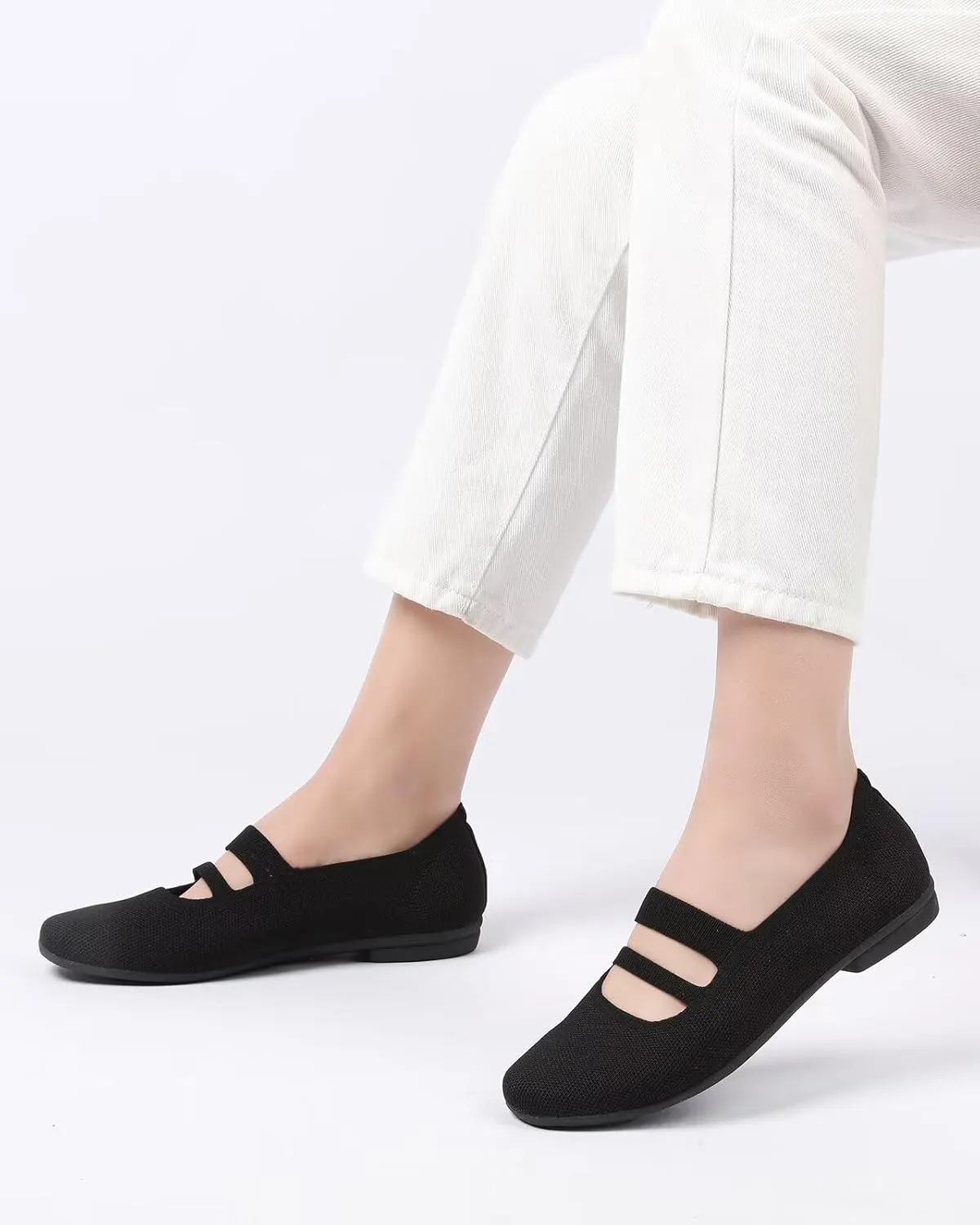 Women’s Ballet Flats Knit Mary Jane Flat Comfort Walking Slip-on Dressy Work Driving Shoes with Straps