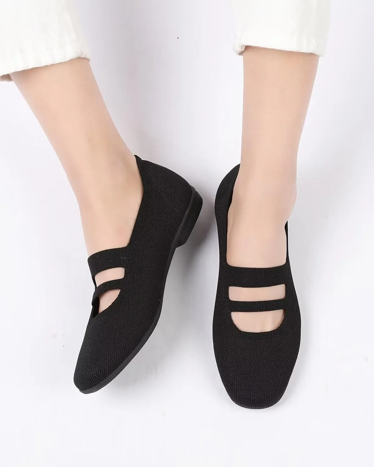 Women’s Ballet Flats Knit Mary Jane Flat Comfort Walking Slip-on Dressy Work Driving Shoes with Straps