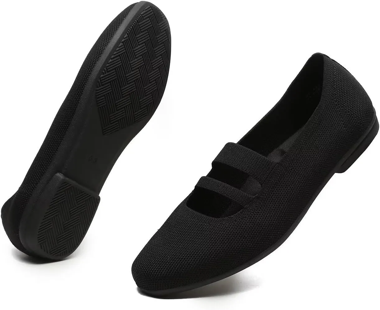 Women’s Ballet Flats Knit Mary Jane Flat Comfort Walking Slip-on Dressy Work Driving Shoes with Straps