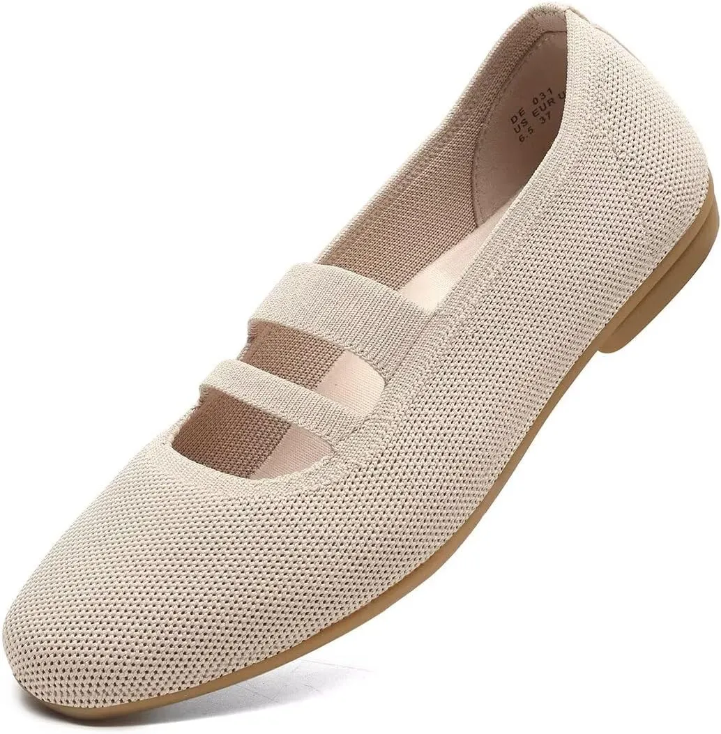 Women’s Ballet Flats Knit Mary Jane Flat Comfort Walking Slip-on Dressy Work Driving Shoes with Straps