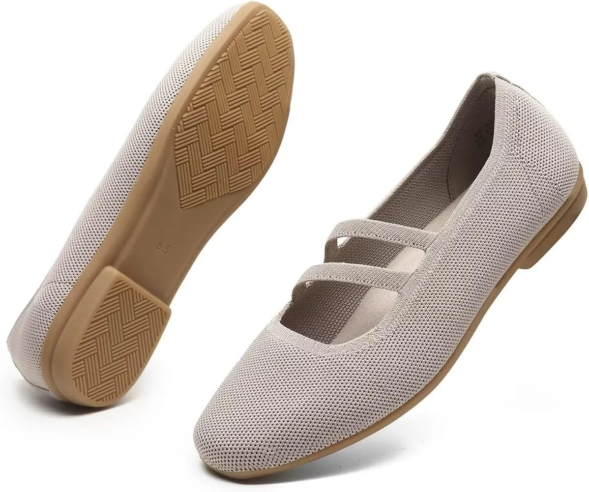 Women’s Ballet Flats Knit Mary Jane Flat Comfort Walking Slip-on Dressy Work Driving Shoes with Straps