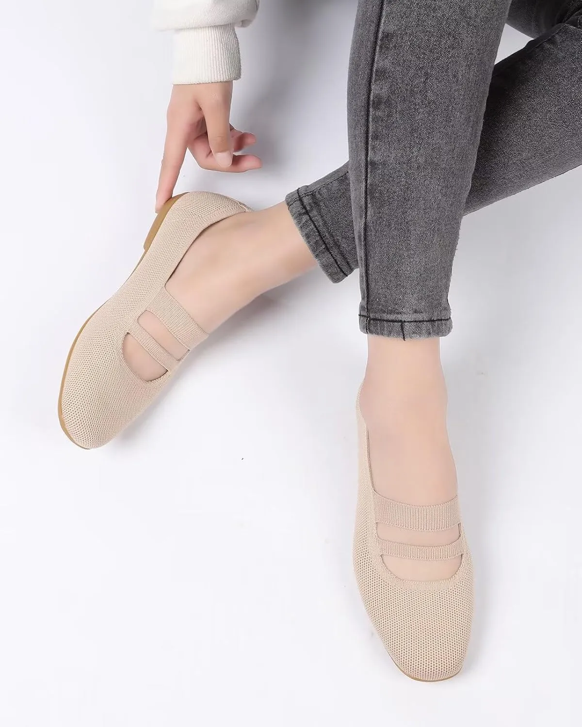Women’s Ballet Flats Knit Mary Jane Flat Comfort Walking Slip-on Dressy Work Driving Shoes with Straps