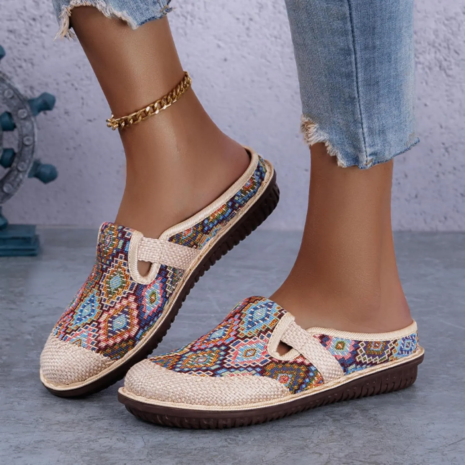 Women's Bohemian Slide Sandals - Lightweight Cotton Linen Woven Flat Shoes for Home, Beach, and Outdoor Use