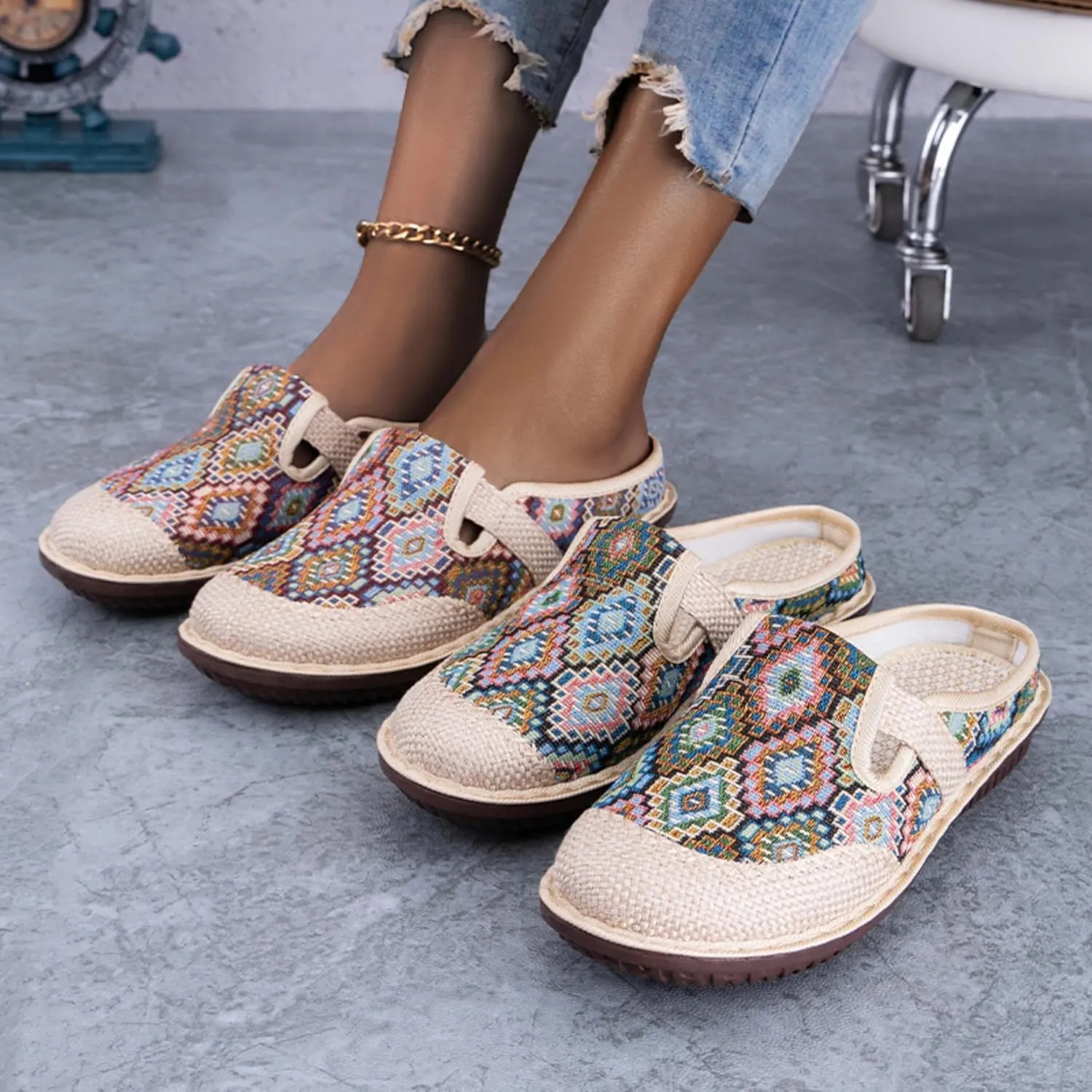 Women's Bohemian Slide Sandals - Lightweight Cotton Linen Woven Flat Shoes for Home, Beach, and Outdoor Use